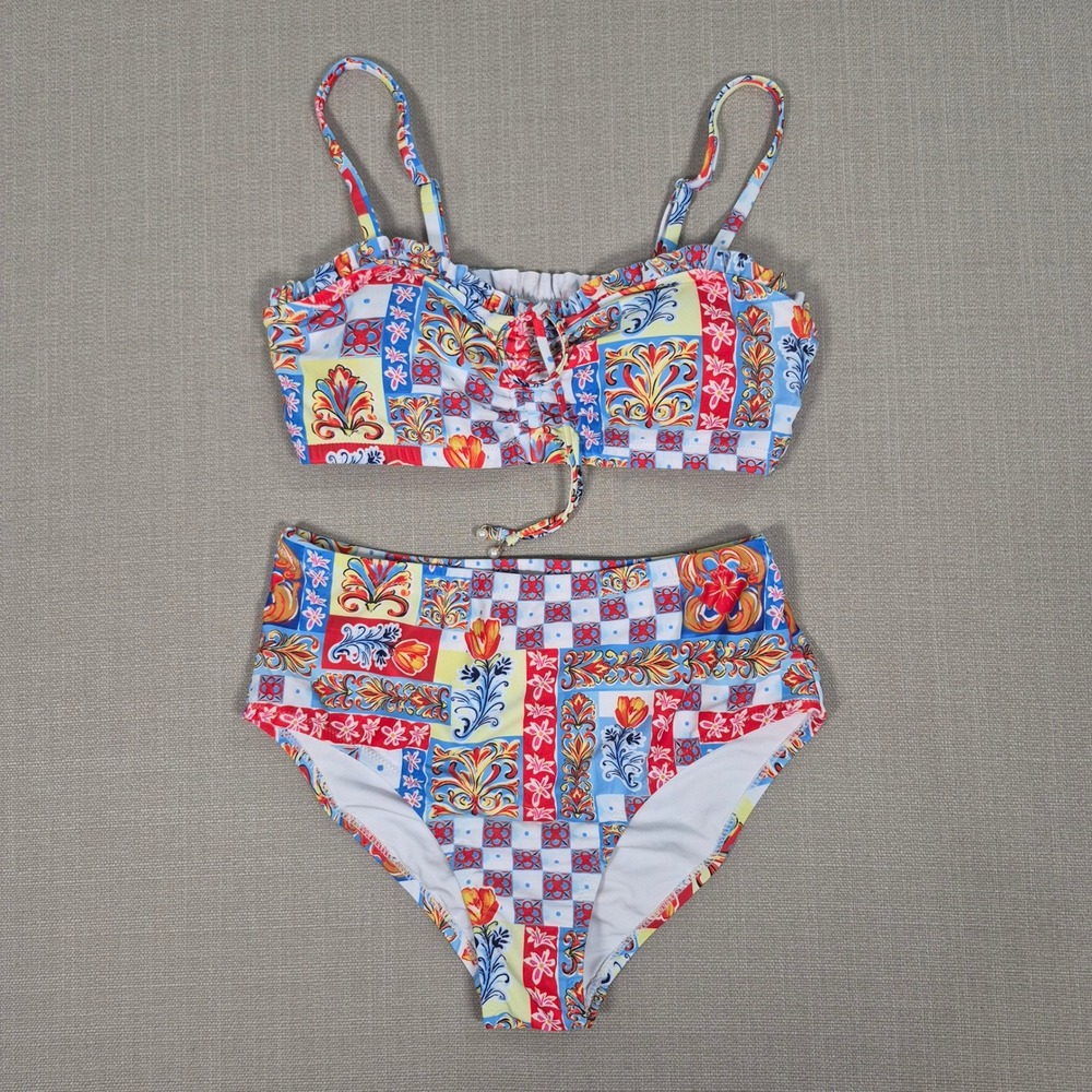 Women Multicolor Printed High Waisted Ruffle Bikini Set Size M